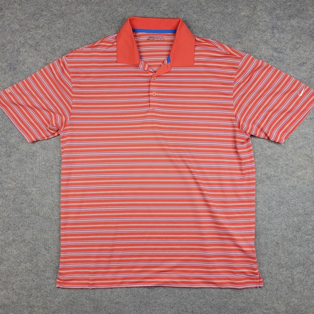 Nike Golf Polo Shirt‎ Mens Large Orange Stripe NikeFIT DRY River Towne Top